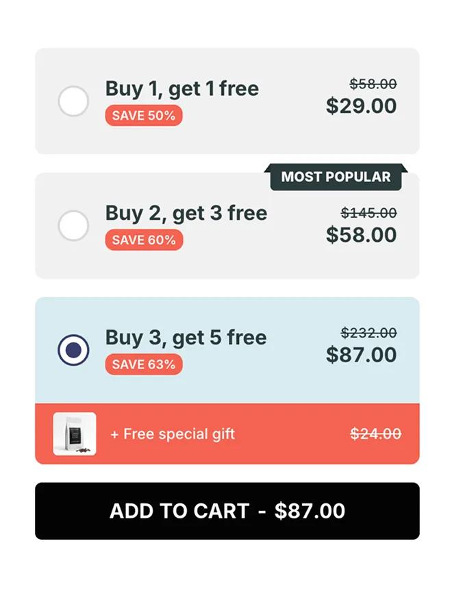 Buy X get Y offer with the free item displayed in the Shopify cart
