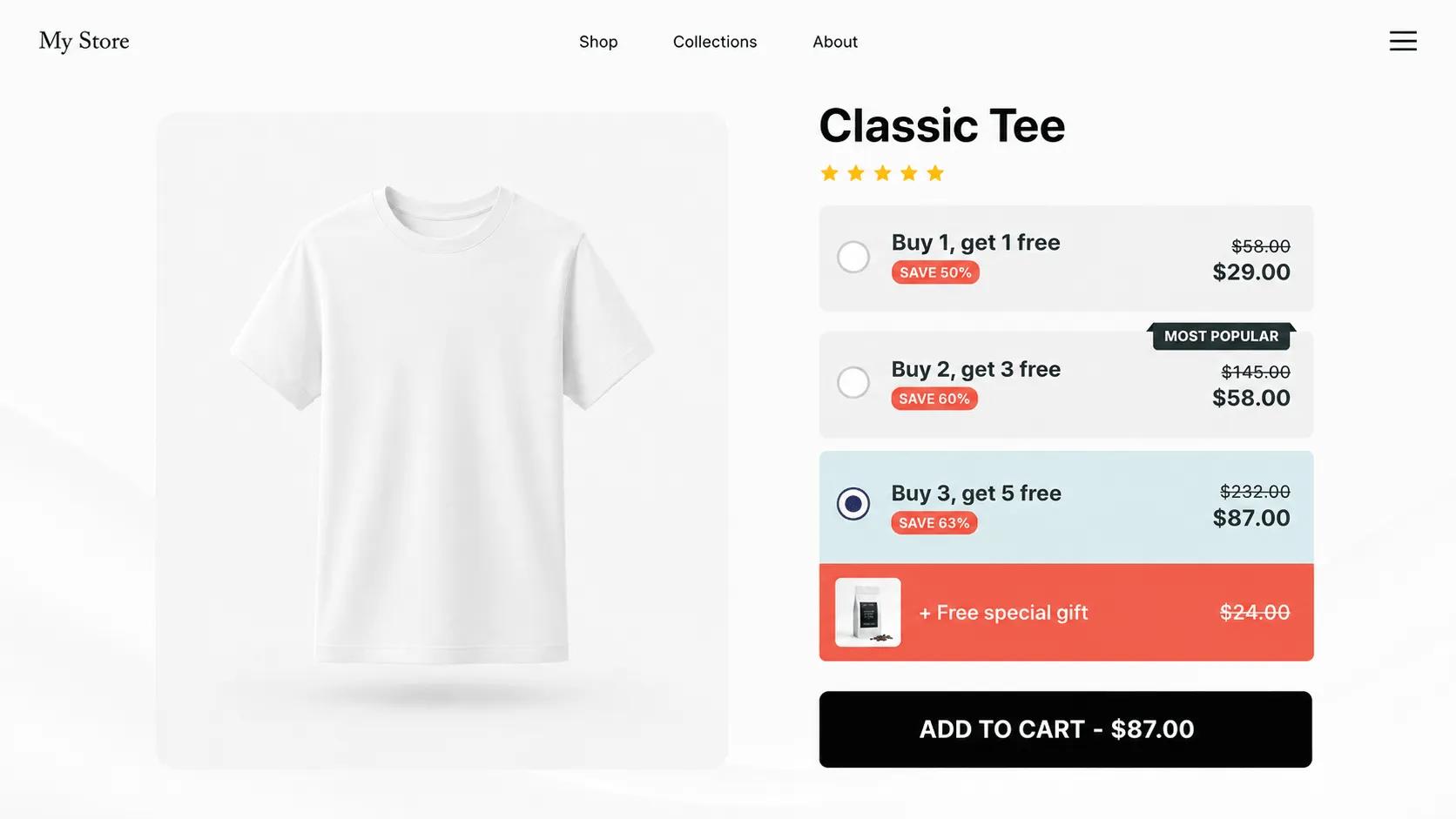 Buy X get Y offer with the free item displayed in the Shopify cart