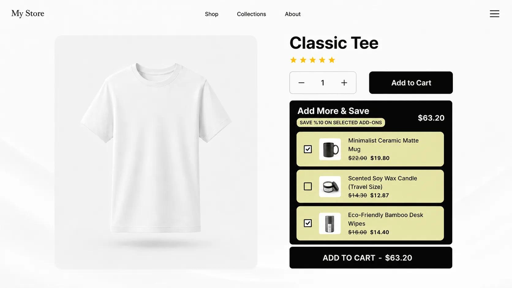 Product page widget with optional add-on checkboxes for accessories and gift wrap