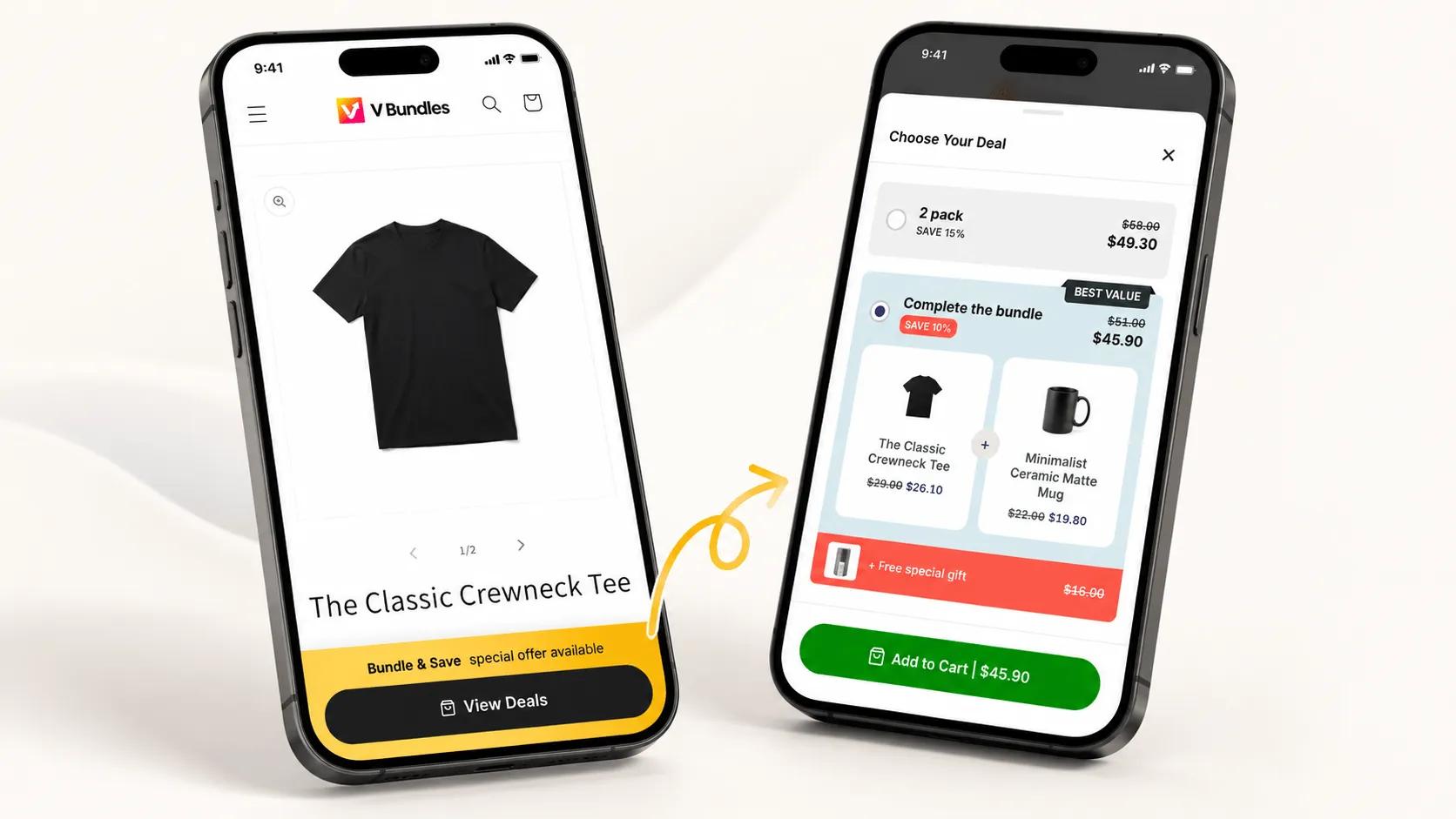 Sticky View deals button pinned to the bottom of a product page with the bundle popup open
