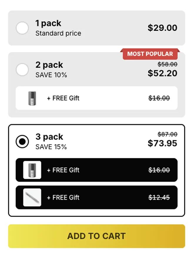 Bundle offer with a free gift product highlighted inside the widget