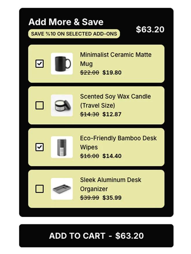 Product page widget with optional add-on checkboxes for accessories and gift wrap