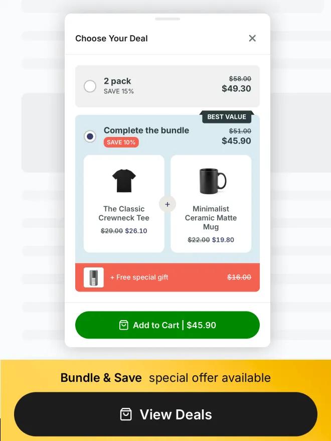 Sticky View deals button pinned to the bottom of a product page with the bundle popup open
