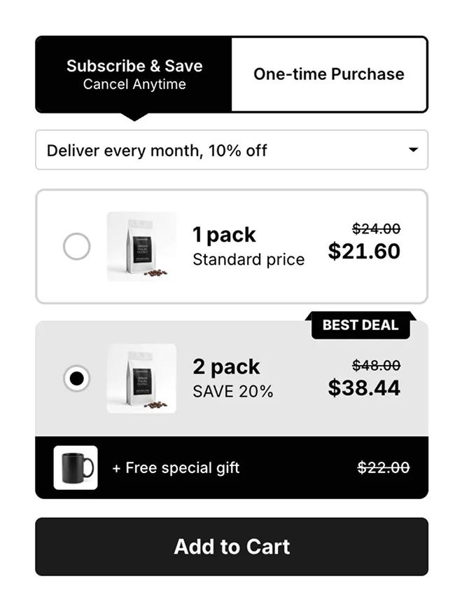 Bundle widget with a subscribe-and-save option next to the one-time price