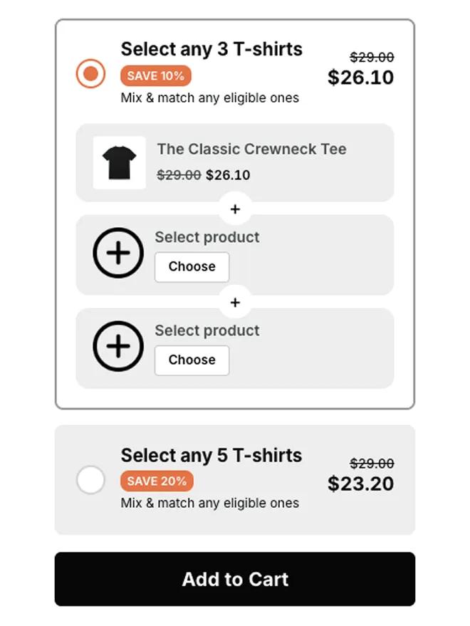 Volume discount widget showing per-unit prices dropping as quantity increases