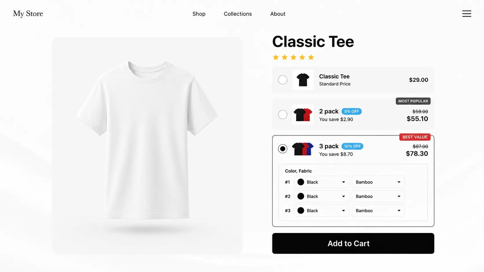 Quantity break widget with three pricing tiers and a most-popular badge