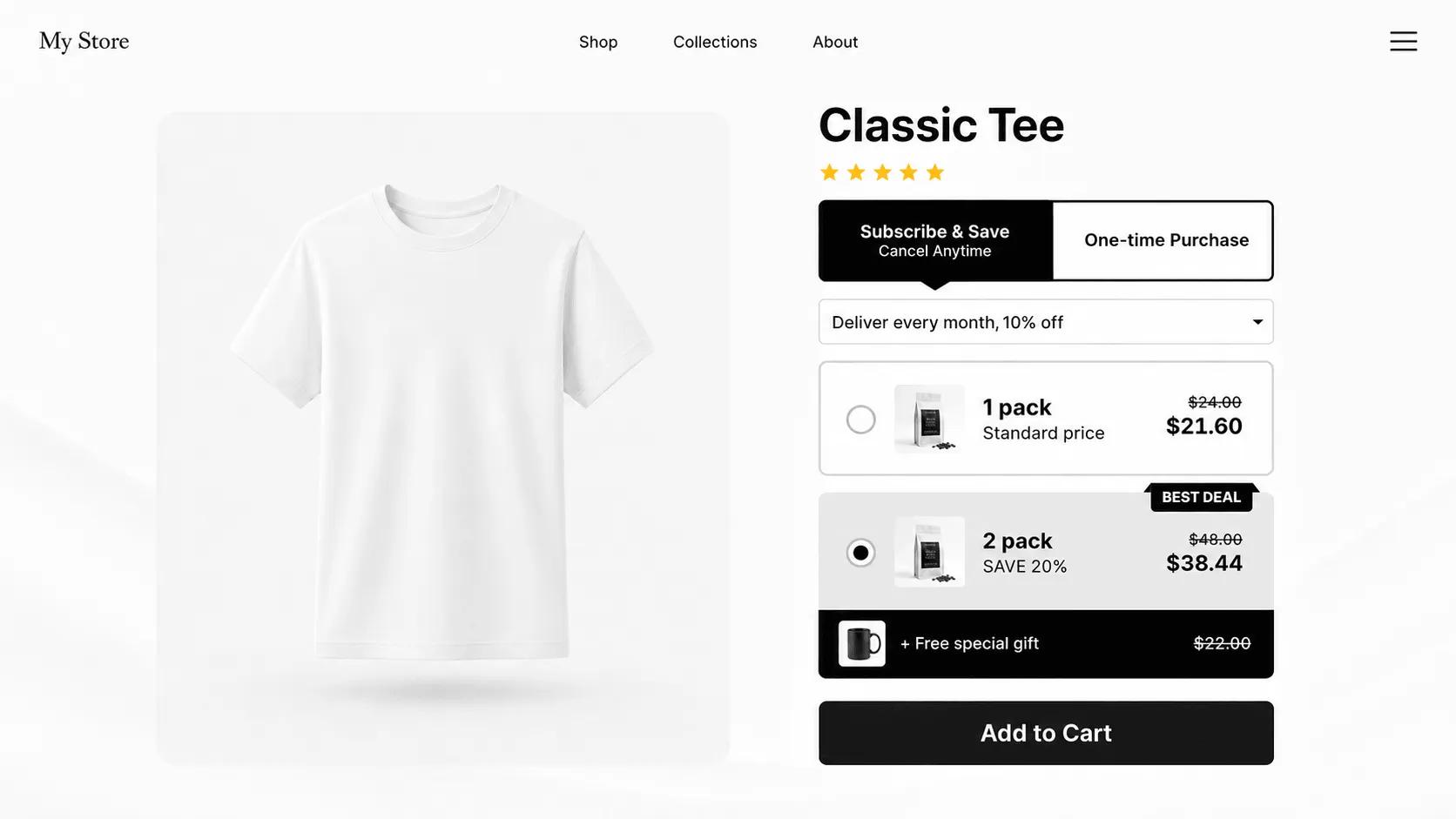 Bundle widget with a subscribe-and-save option next to the one-time price