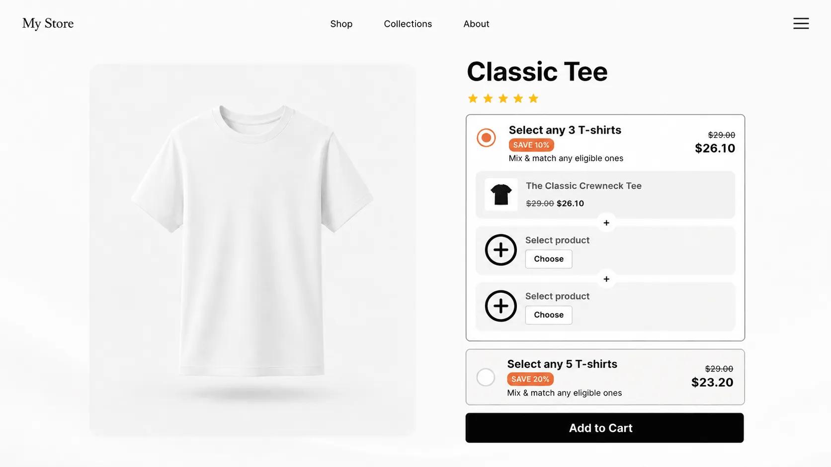 Volume discount widget showing per-unit prices dropping as quantity increases