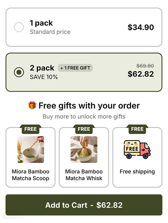 Shopify bundle widget with one-pack and two-pack offers, bamboo scoop and whisk gifts, and a free shipping reward
