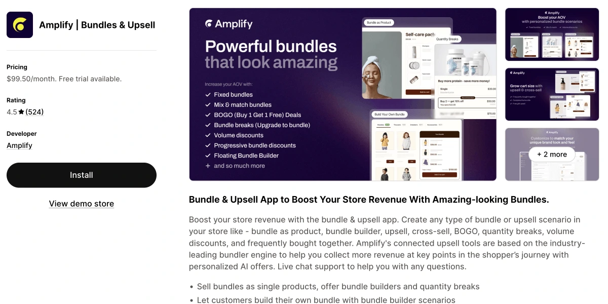 Amplify (formerly PickyStory) bundle builder app listing on the Shopify App Store