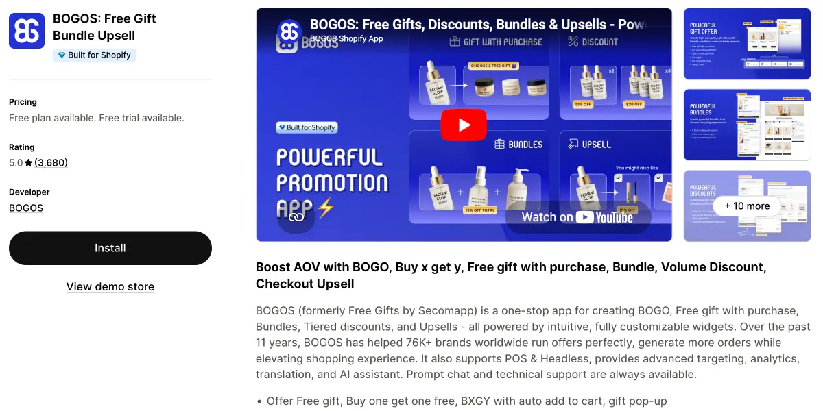 BOGOS free gifts and BOGO app listing on the Shopify App Store