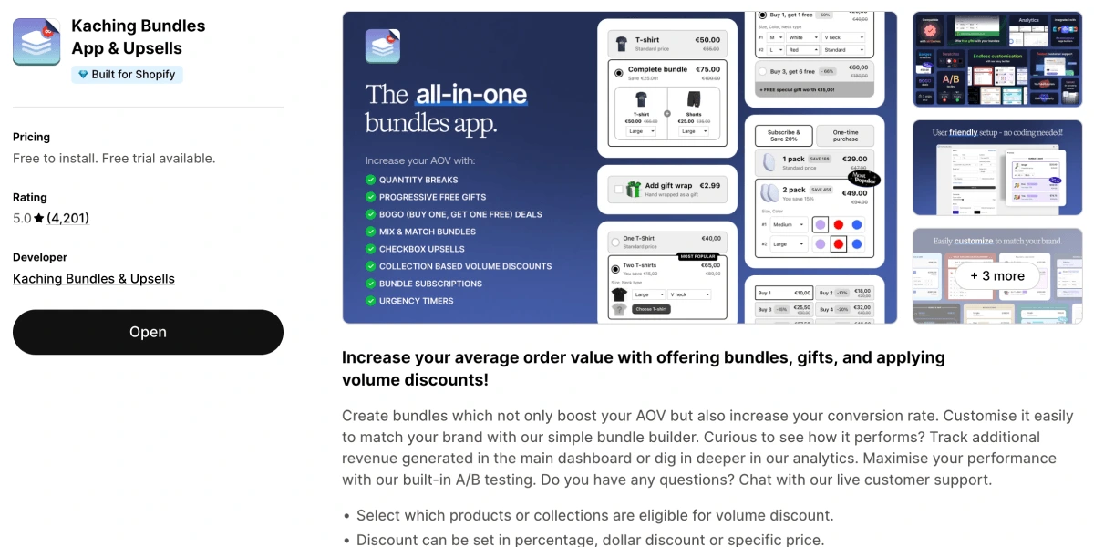 Kaching Bundles app listing on the Shopify App Store