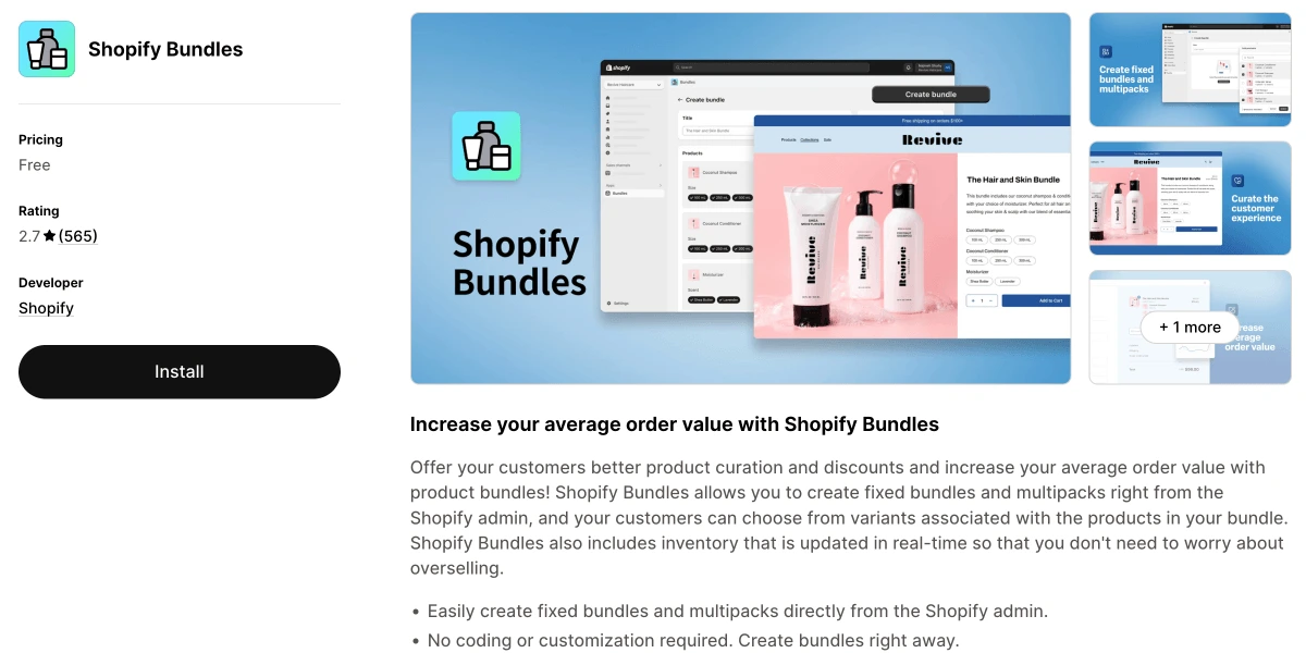 Shopify Bundles native app listing on the Shopify App Store