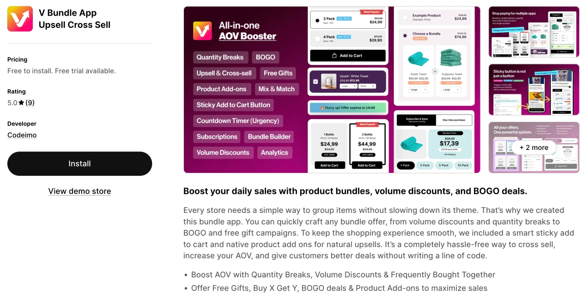 V Bundles Shopify app store listing showing bundle, upsell, gift and BOGO features