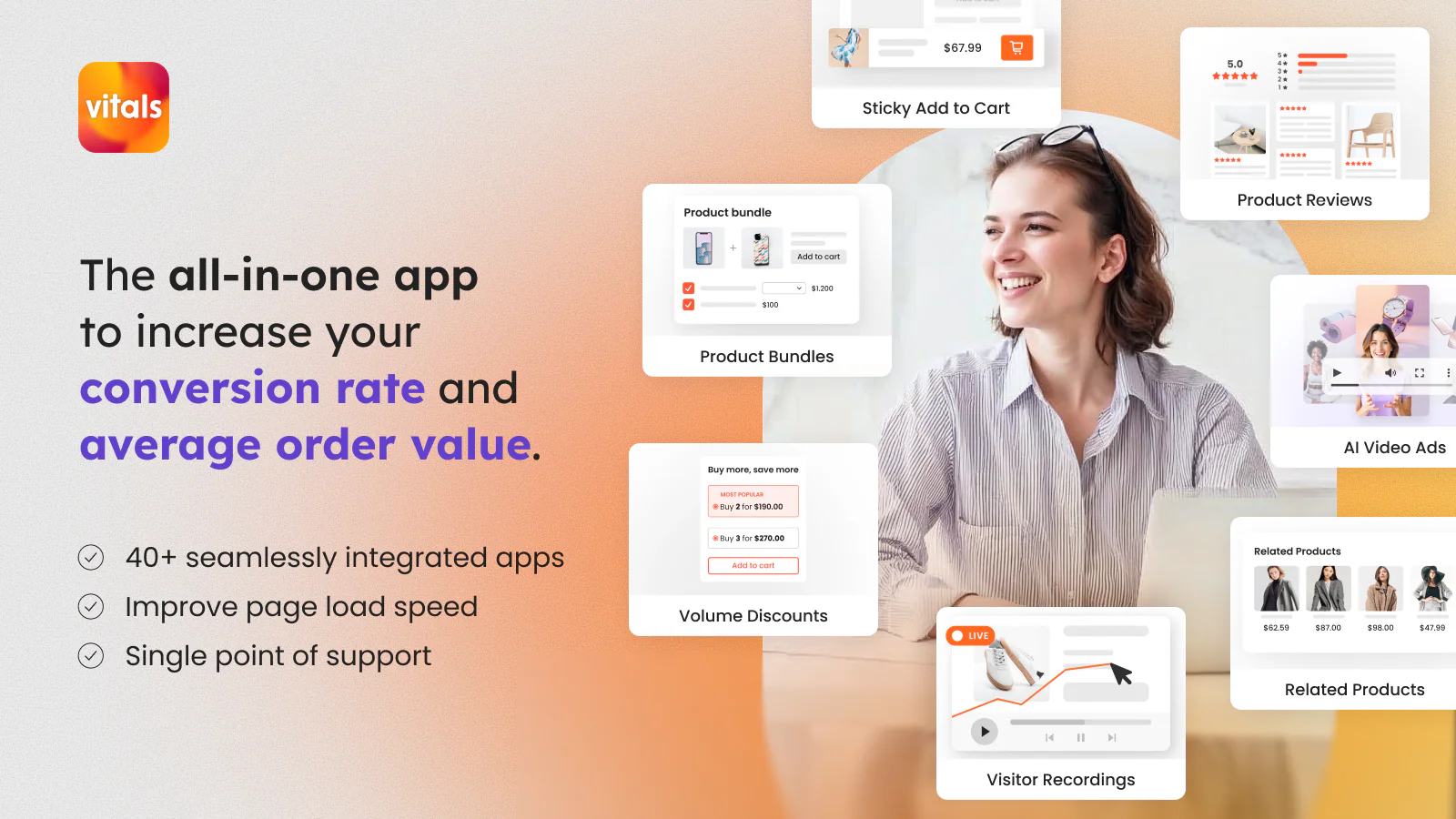 Vitals All in One app listing on the Shopify App Store