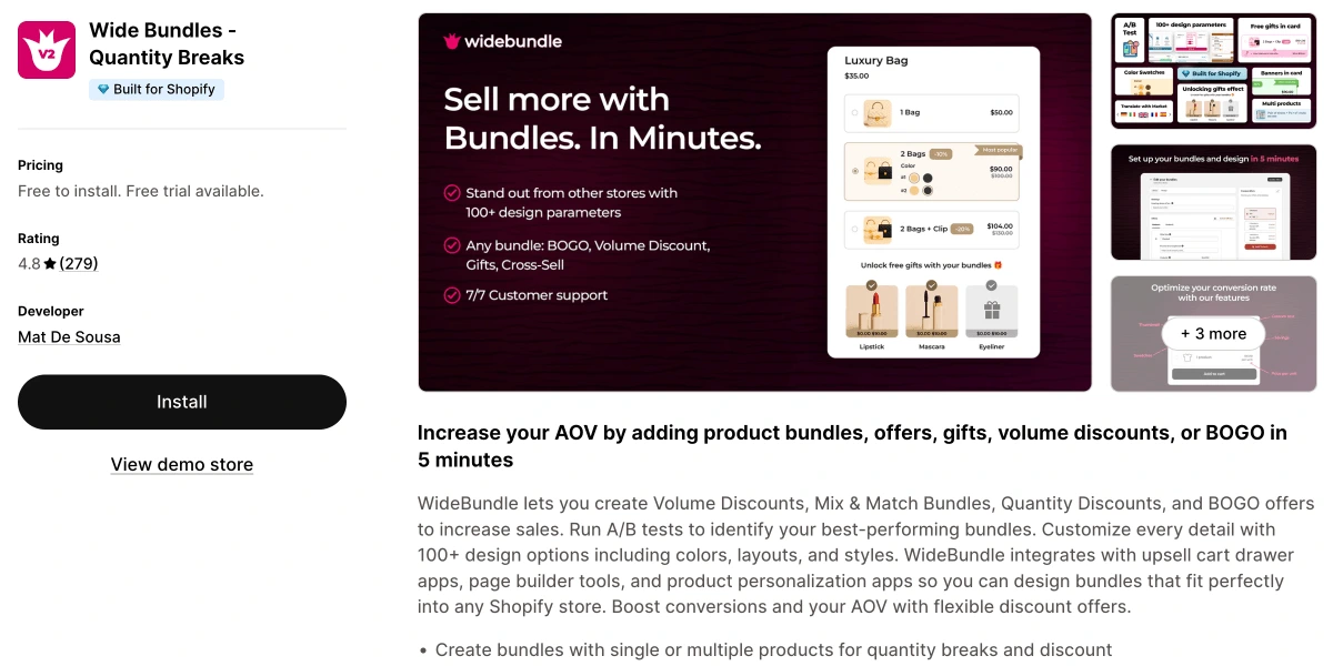 Wide Bundles app listing on the Shopify App Store