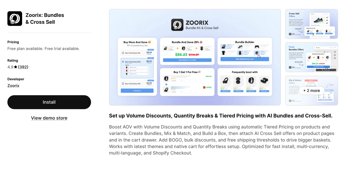 Zoorix bundles and cross-sell app listing on the Shopify App Store