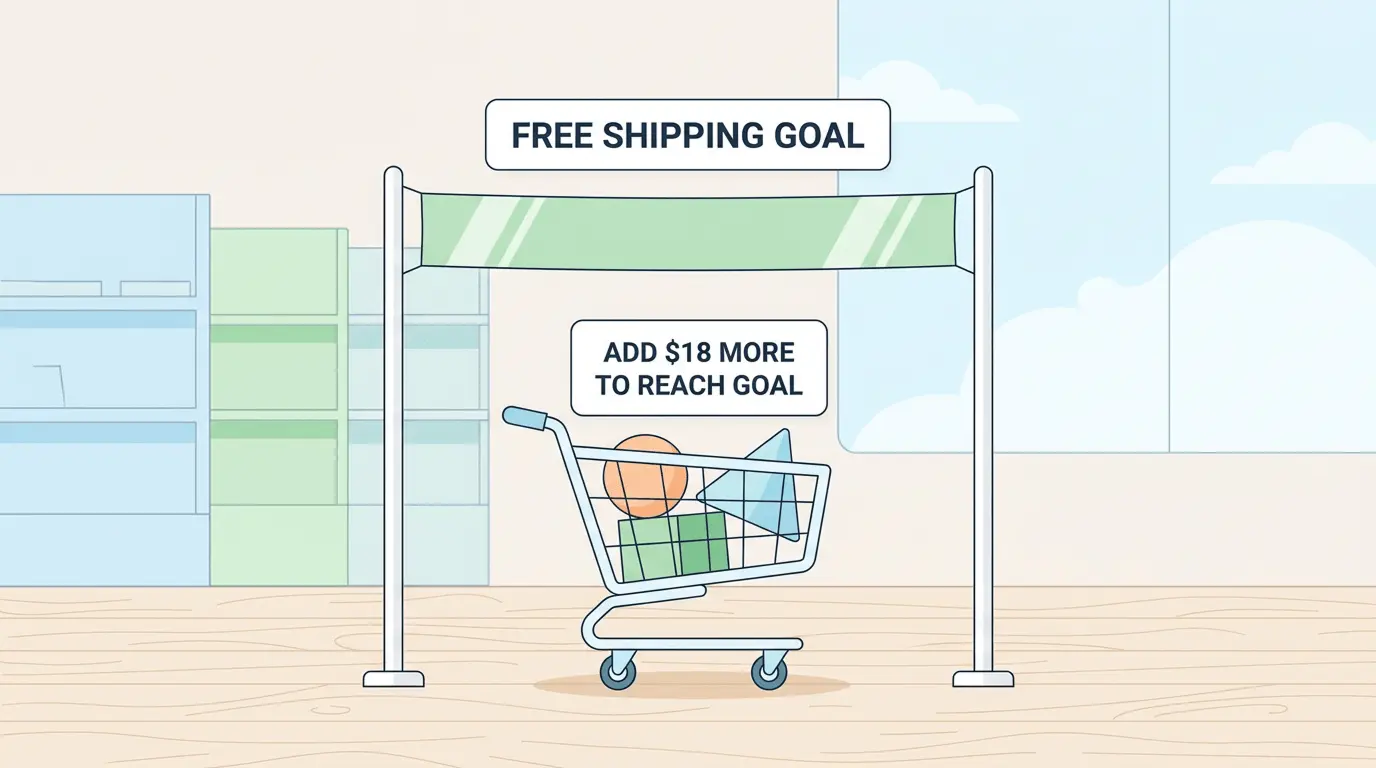 Shopping cart illustration demonstrating how setting a free shipping threshold encourages customers to increase their order value