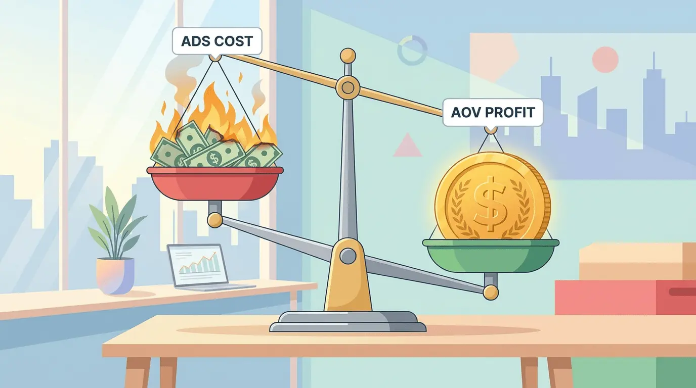 Illustration comparing high customer acquisition ad costs versus the high profit margin of increasing average order value on Shopify