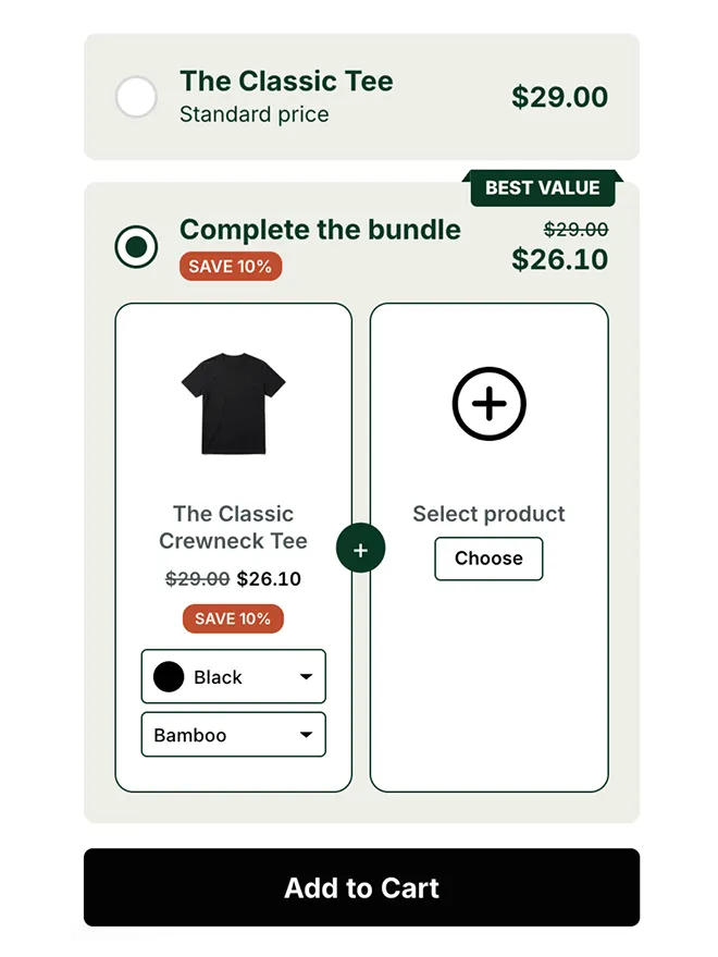 V Bundles mix and match bundle widget where the shopper chooses a product for an open bundle slot