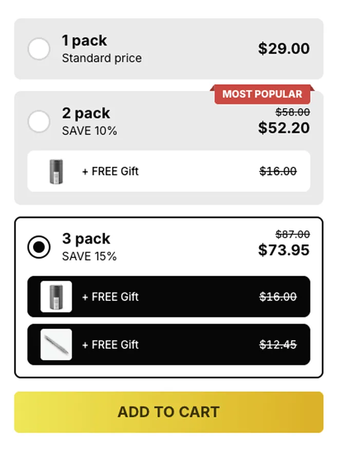 V Bundles quantity break offer with free gifts attached to the 2 pack and 3 pack tiers